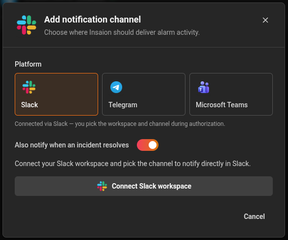 Notification channels panel with Slack, Telegram, and Teams